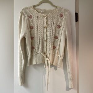 Shop Dahl Cream Cable Knit Sweater with Pink Flower Embroidery